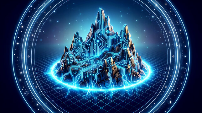 Digital mountain tech background with glowing blue circuit board lines on abstract futuristic ring interface for data server or computing concept