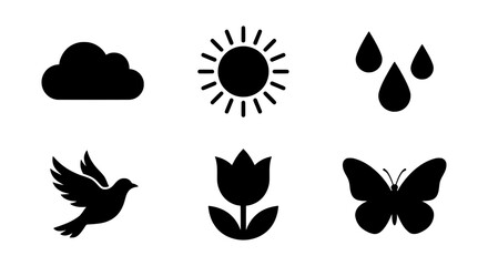 Fototapeta premium Nature Icons: Cloud, Sun, Raindrops, Bird, Tulip, Butterfly Vector Graphics