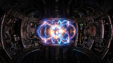 Obraz premium Intense Plasma Fusion Energy Reactor Core With Swirling Magnetic Fields