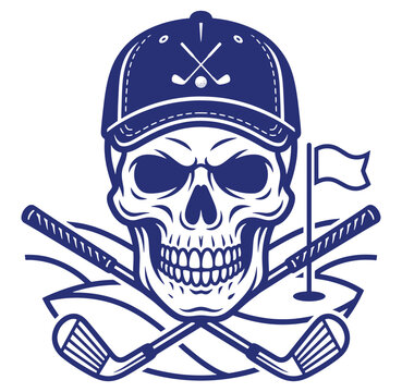 Golf skull illustration with crossed clubs and cap isolated on transparent background