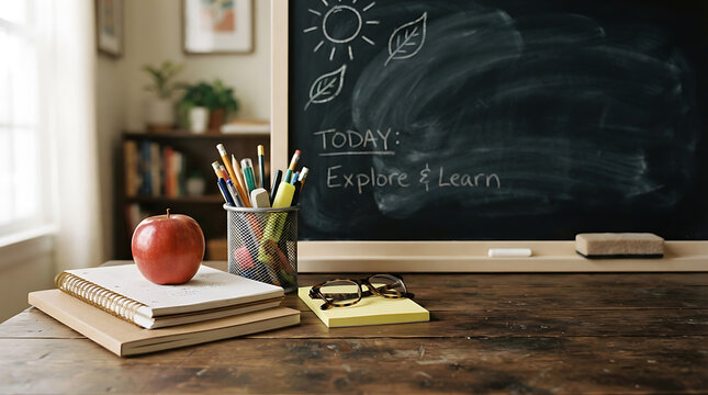 Home learning setup with chalkboard apple and school supplies