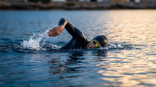 Triathlete swimmer in wetsuit performing freestyle stroke in open ocean