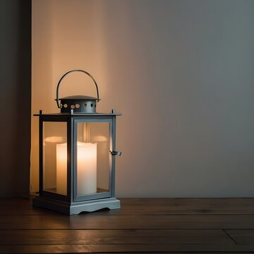 minimal lantern placed at bottom corner with soft glow, neutral background, large empty upper space for text, calm festive design