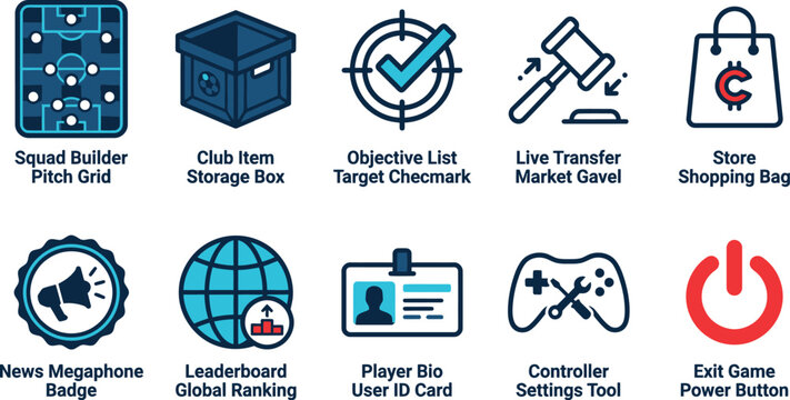 Set of UI icons for sports game management interface with interface tactical settings strategy application software development elements navigation football checklist marketplace transfer