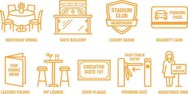 Premium hospitality and stadium vip service icon collection with hospitality services corporate collection graphics security reception management business amenities facilities branding