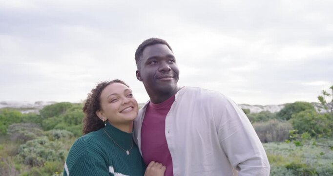 African American couple pointing at horizon sharing view, shifting gaze, embracing on coast pendant