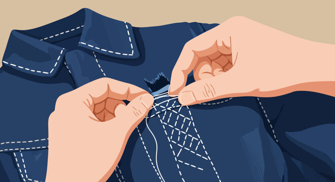 Hand fastening blue denim jacket with white stitching detail close up.