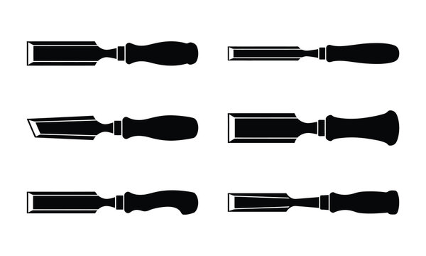Set of six woodworking chisels silhouette icons isolated on white background.