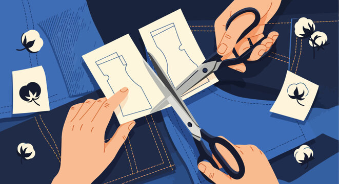 Hand holding paper garment pattern over blue denim fabric with cotton icons for sustainable fashion design.