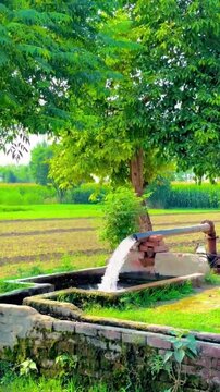 Water pump irrigation system in a green rural farm field