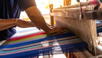 Obraz premium Skilled artisan's hands moving swiftly over colorful threads on a traditional tapestry loom, creating intricate fabric patterns.
