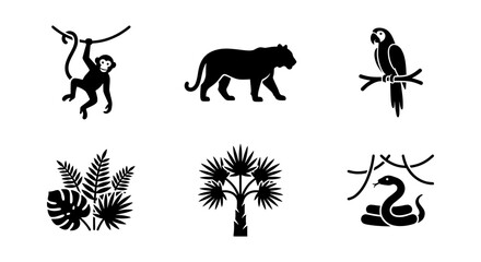 Naklejka premium Jungle Animals and Plants Vector Icons, Tropical Wildlife Silhouettes