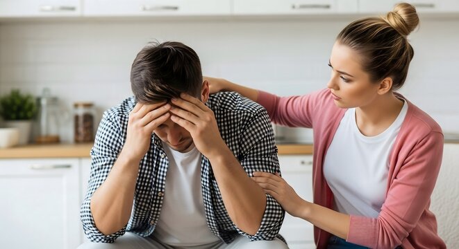 Supportive wife comforts worried husband experiencing stress, depression, and anxiety at home