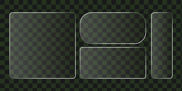 Realistic rounded rectangle glass plates set on transparent checkered background.