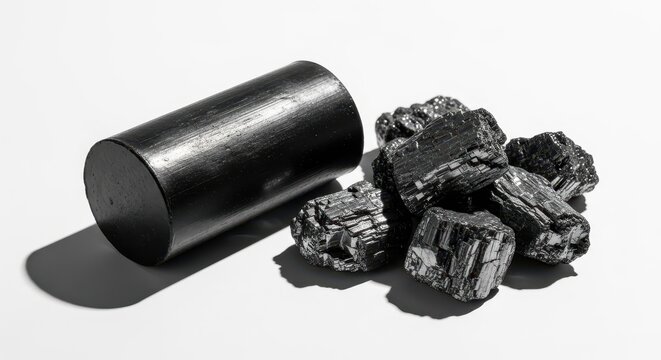Black graphite cylinder and raw mineral chunks on white background.