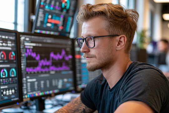 AI engineer monitoring server performance dashboard, monitor screen showing analytics