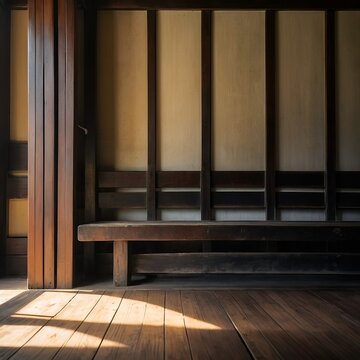soft sunlight entering traditional wooden interior, minimal composition, large empty copy space on wall area, peaceful Gawai atmosphere