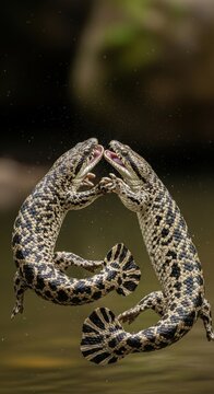Close up of a leopard gecko climbing on a branch.