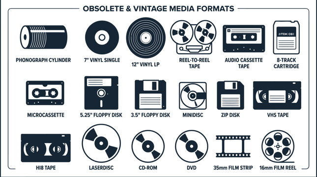Vintage and obsolete media formats collection icons with obsolete technology cassette cartridge magnetic archival collection illustration diskette recording playback evolution outdated