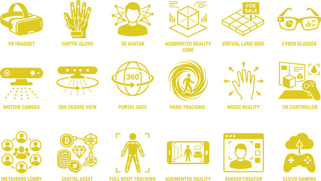 Virtual and augmented reality technology set icons with augmented technology metaverse interactive simulation innovation interface hologram tracking experience immersive illustration
