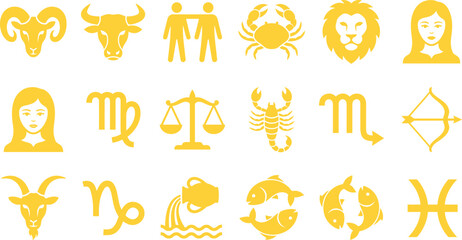 Set of twelve astrological zodiac signs symbols with astrology horoscope astronomy constellations predictions esoteric illustration collection sagittarius capricorn aquarius celestial © MAX