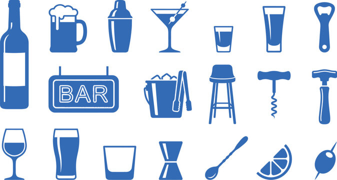 Blue barware and cocktail drink icons set representing beverage service and nightlife essentials with cocktail beverage glassware equipment corkscrew nightlife hospitality mixology bartender