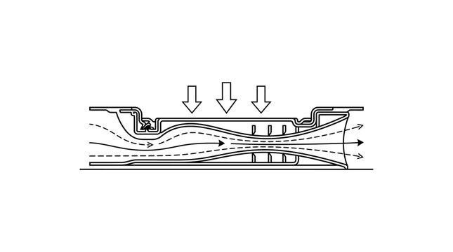 Dynamic Cross Sectional Diagram of Fluid Flow Through a Venturi Nozzle with Pressure Equalization Channels