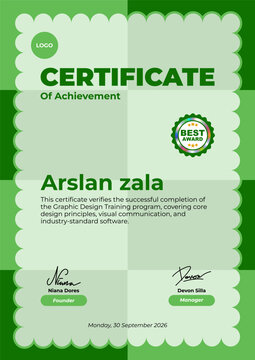 A graphic design certificate of achievement is awarded to Arslan Zala on a decorative green background with signatures and a best logo.