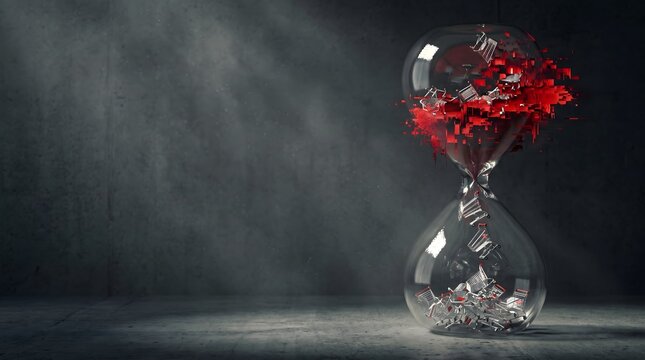 Glass hourglass with shopping carts turning into red digital fragments, symbolizing fast-paced e-commerce.
