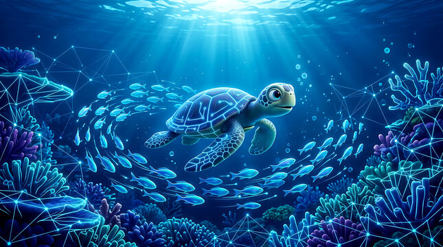 Sea Turtle Swimming Underwater, 3D Character with Glowing Fish Swirm and Futuristic Digital Coral Reef Concept