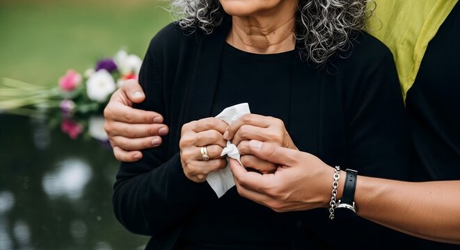 Grieving Senior Woman Holding Tissue Receiving Comfort at Outdoor Funeral Service