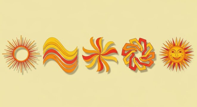 Colorful Abstract Sun and Wave Patterns on Beige Background.