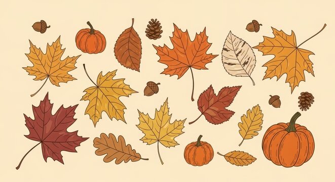 Colorful Autumn Leaves and Pumpkins Illustration.