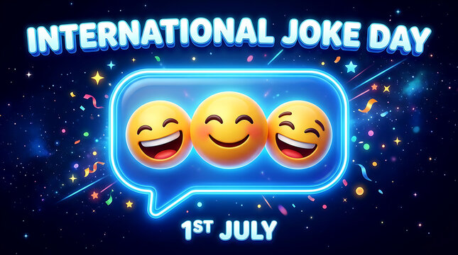 International Joke Day banner with laughing emojis and neon text on galaxy background