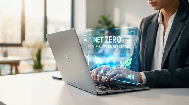 Bright Office Environment with Professional Working on Laptop Displaying Net Zero Carbon Reduction Strategy