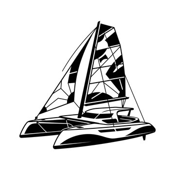 Minimalist Black and White Catamaran Sailboat Illustration