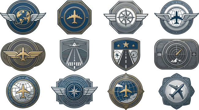 Aviation and travel emblem badges vector set featuring vintage airplane wings runway and compass designs for airline branding corporate identity and military style patch merchandise
