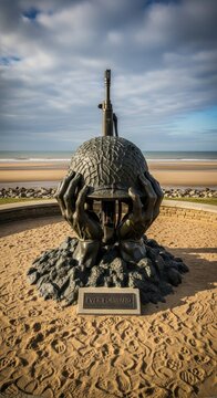 Bronze soldier statue on sandy beach with dramatic sky.