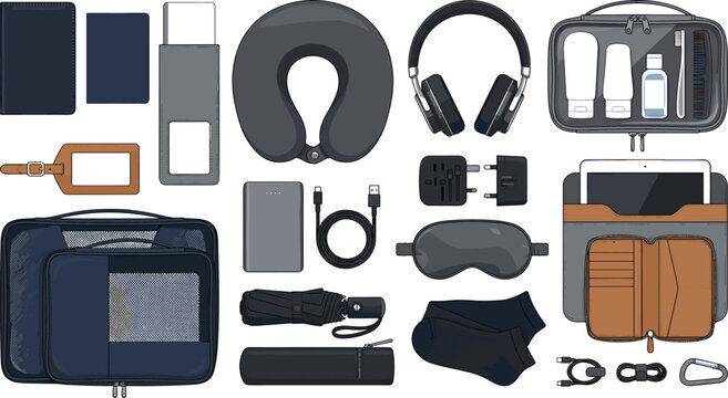 Business travel accessories flat lay vector illustration set with neck pillow headphones organizer pouch and tech gadgets for corporate tourism packing infographics