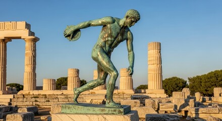 Obraz premium Bronze statue of discus thrower in ancient Greek ruins.