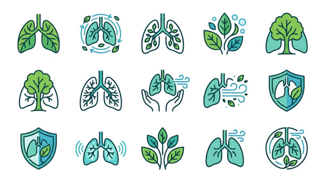 Set of stylized lungs icons with green leaves and trees.