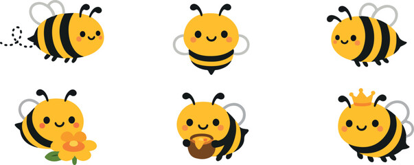 Obraz premium Set of six cute bumblebee characters in cartoon style with honey pot flower and small bee crown.