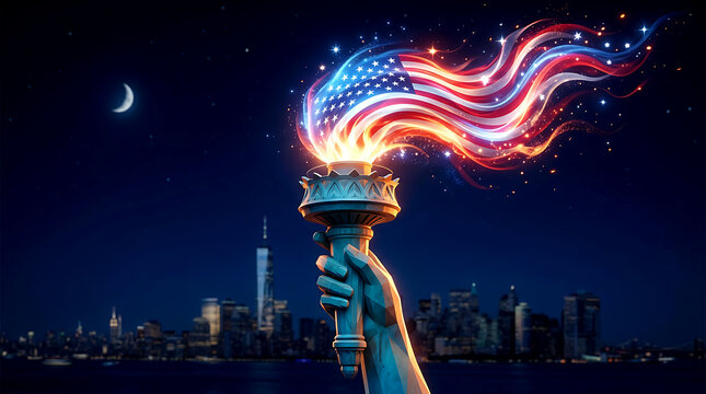 Statue of Liberty torch with USA flag flame over New York city skyline at night for 4th of July celebration