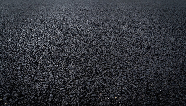 Close-up view of a dark, textured asphalt surface, showing its rough, granular composition and even distribution of small stones.