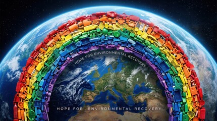 Obraz premium Rainbow of plastic waste over planet Earth representing environmental hope and recovery.