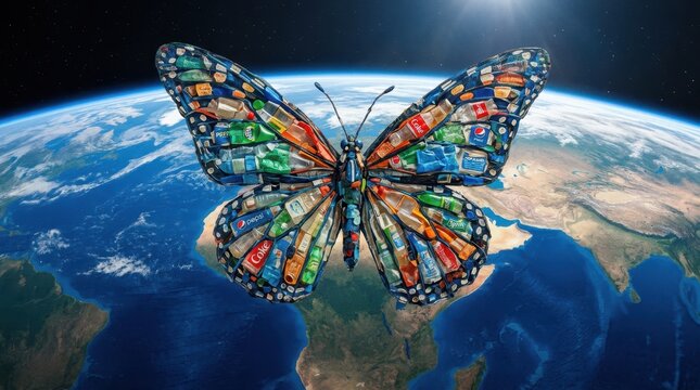 Butterfly made of plastic bottles over planet Earth.
