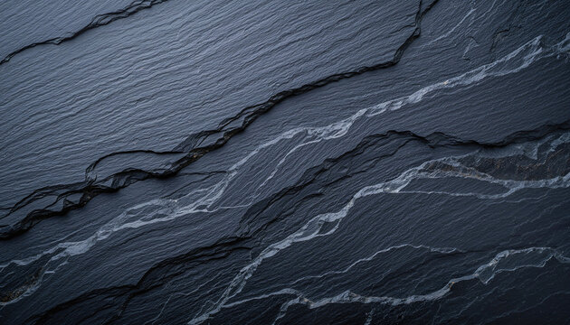Close-up view of a dark grey natural stone surface with intricate white veining and textured layers, showcasing its raw geological beauty.