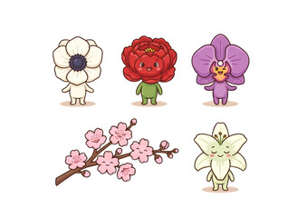 Fototapeta premium Beautiful cartoon flower characters set including rose orchid and cherry blossom