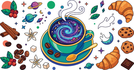  Cosmic galaxy coffee cup vector element set with spiral nebula latte art croissants chocolate cookies and planetary space decorations for cafe menu design templates © AntarChandra