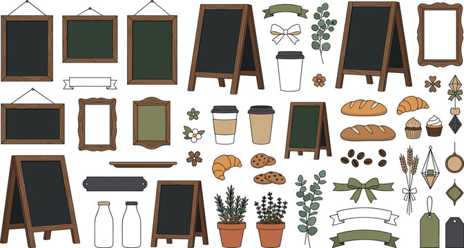 Cozy cafe branding design element illustration set featuring wooden chalkboards menu signs coffee cups and bakery items for restaurant marketing assets